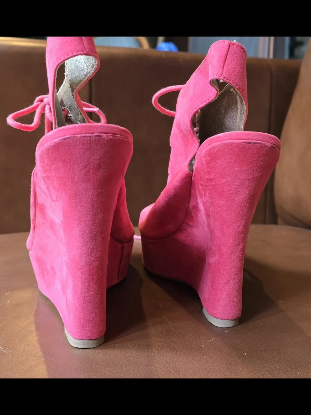 Charlotte Russe Hot Pink Lace-Up Suede Wedge Sandals